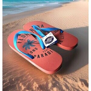 Flip Flops Tropical Mens Sz 10/11 Original Lifestyle Orange Palm Trees Beach NEW